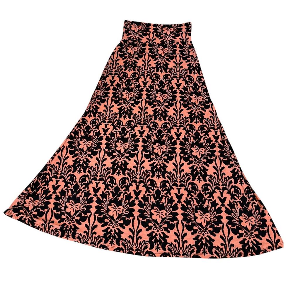 Vanilla Bay Maxi Skirt S Coral Black Floral Damask Foldover Waist Stretch